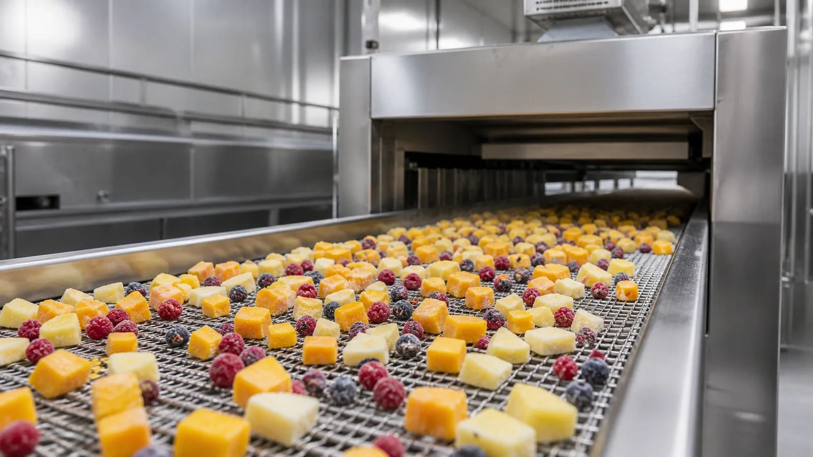 IQF fruit pieces on an individual quick freezing processing line