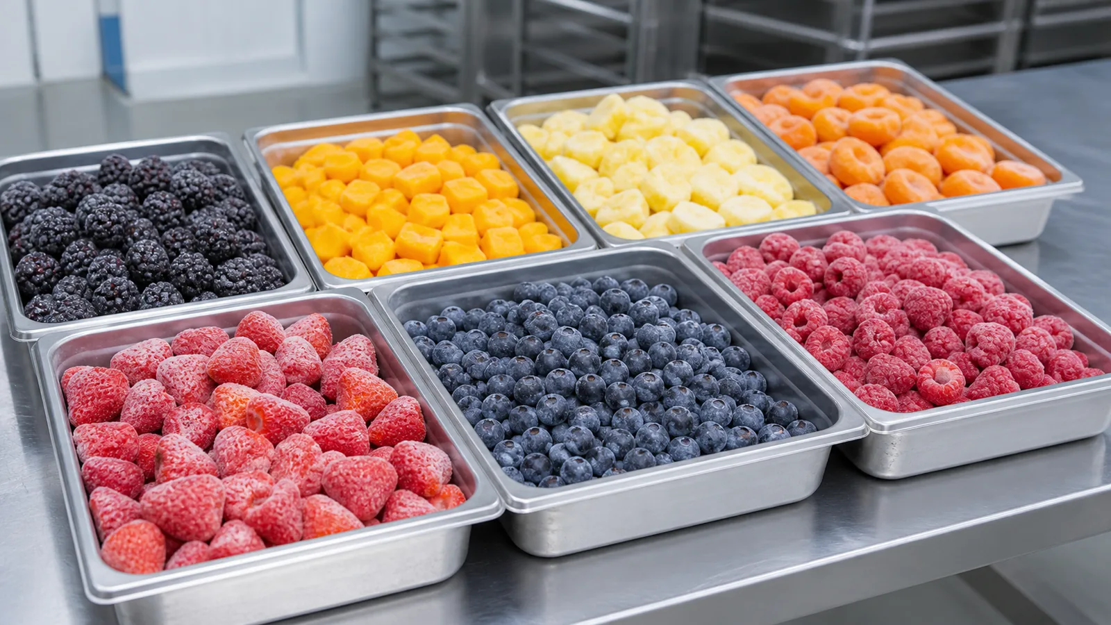 IQF frozen fruit range in bulk food-grade trays