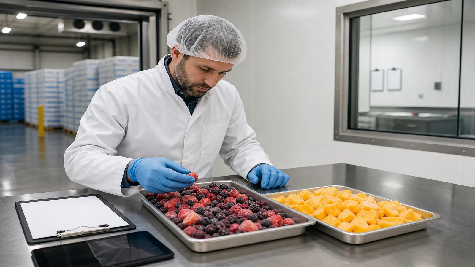 Professional buyer inspecting IQF frozen fruit quality samples