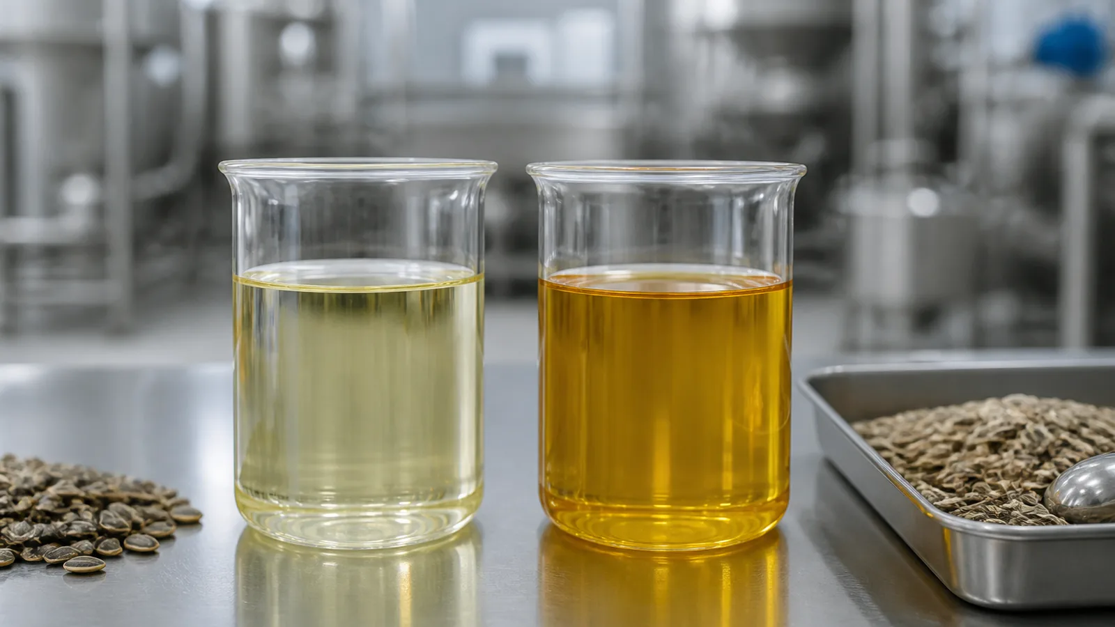 Refined sunflower oil and crude sunflower oil samples compared side by side