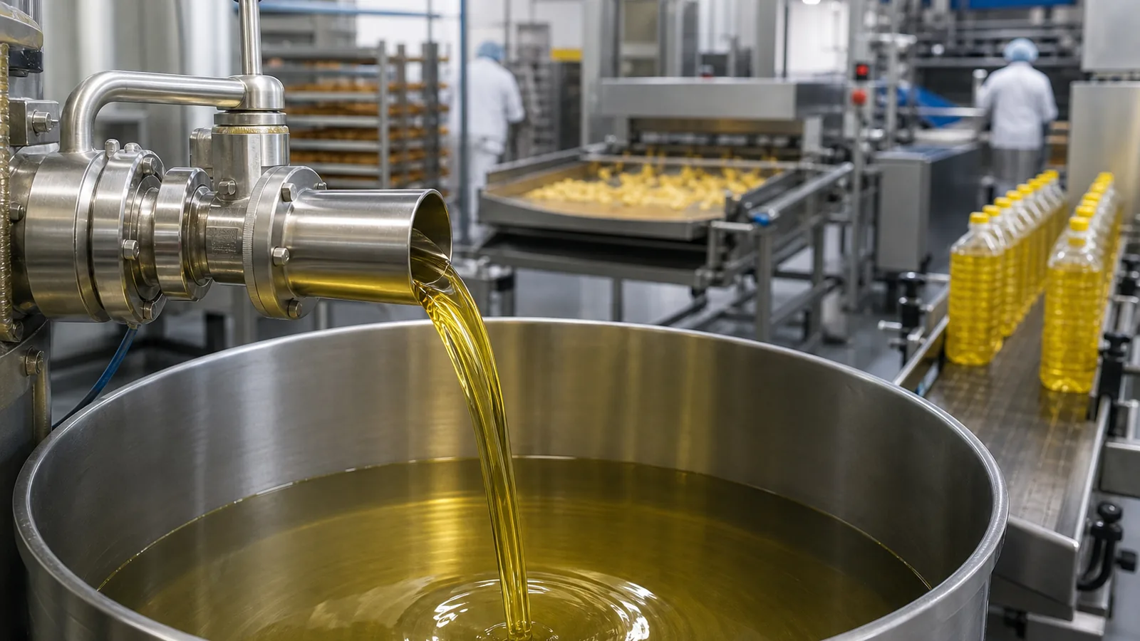 Refined sunflower oil entering a commercial food manufacturing process