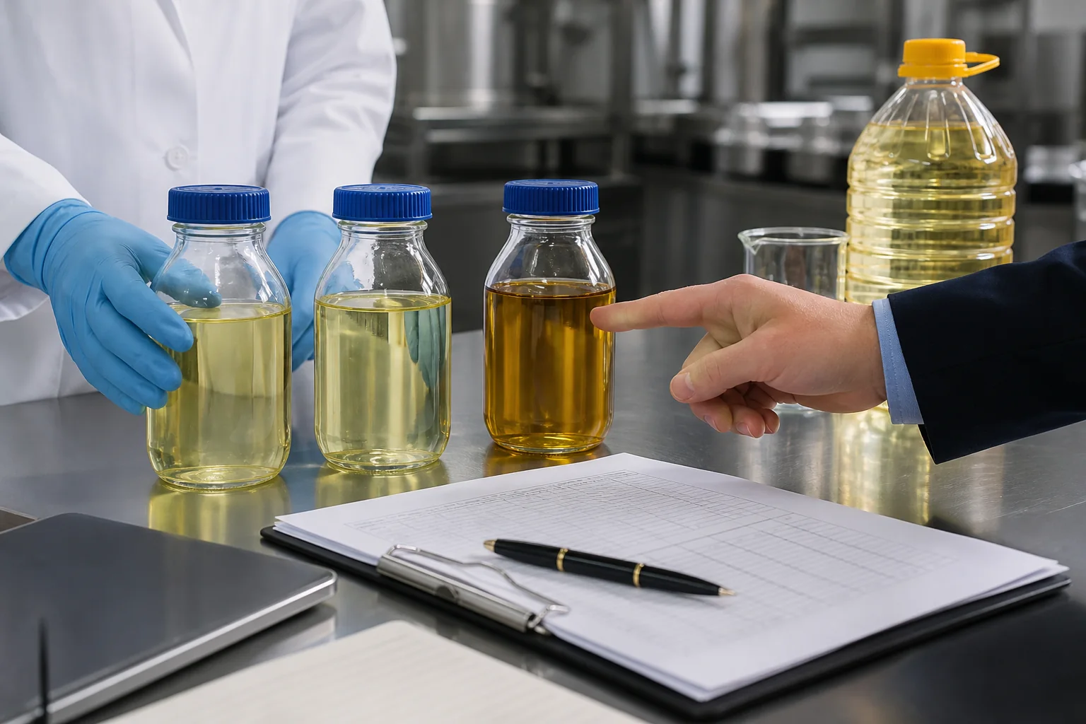 Sunflower oil sample and technical specification under review by a commercial buyer