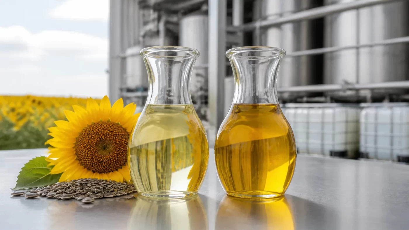 Refined sunflower oil and crude sunflower oil in a commercial processing facility