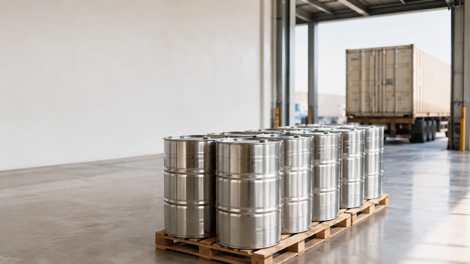 Closed stainless-steel drums prepared for bulk oil logistics