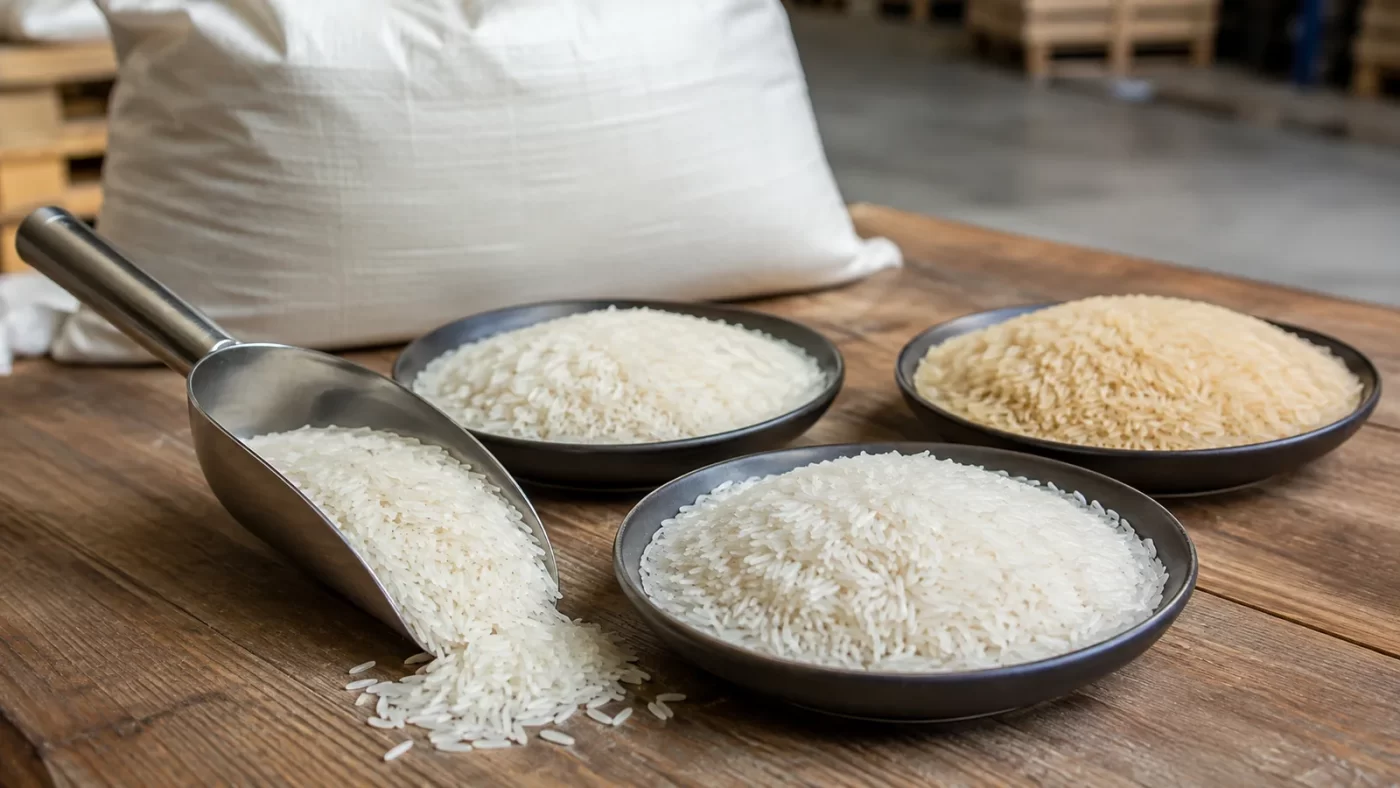 Rice samples and a plain sack for a bulk rice buying comparison