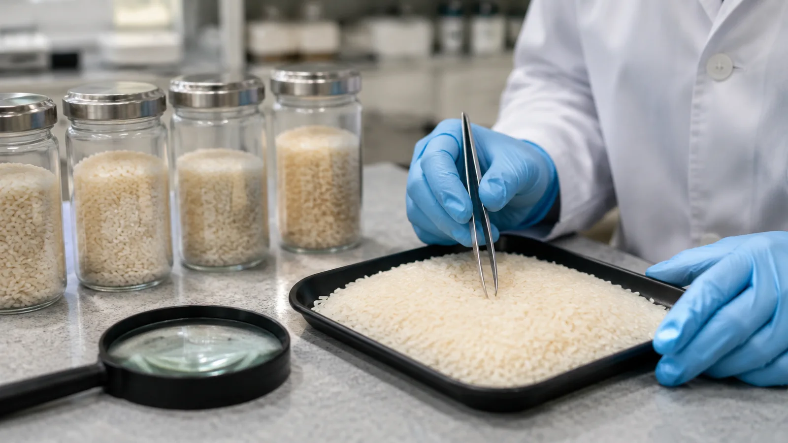 Gloved hands examining a rice sample on a quality inspection tray