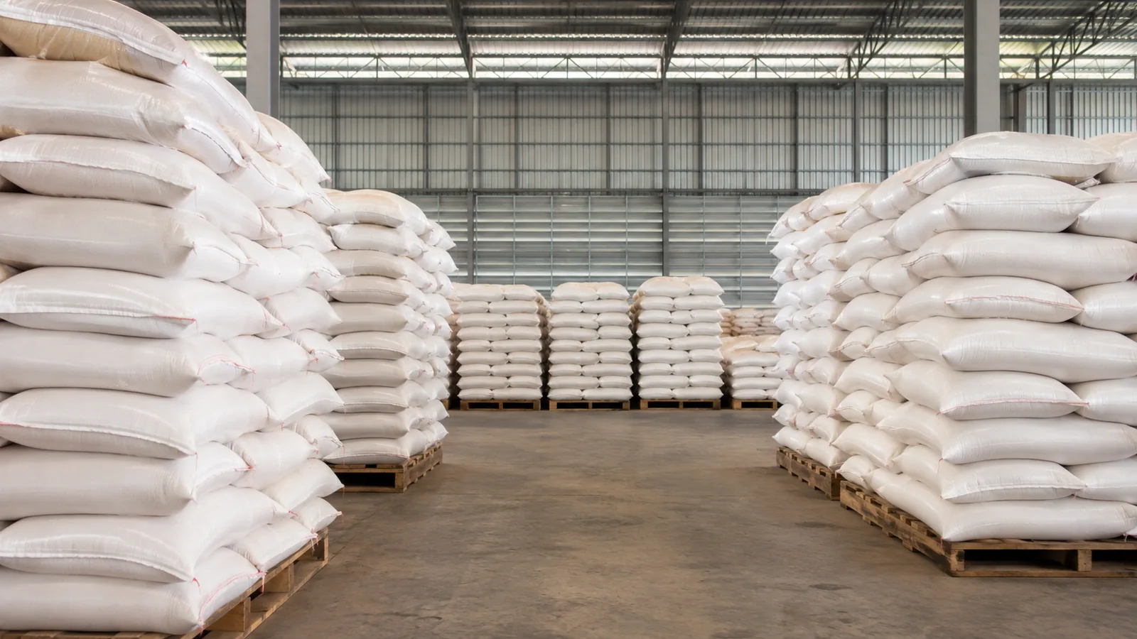 Illustrative dry storage arrangement with sealed rice sacks on pallets