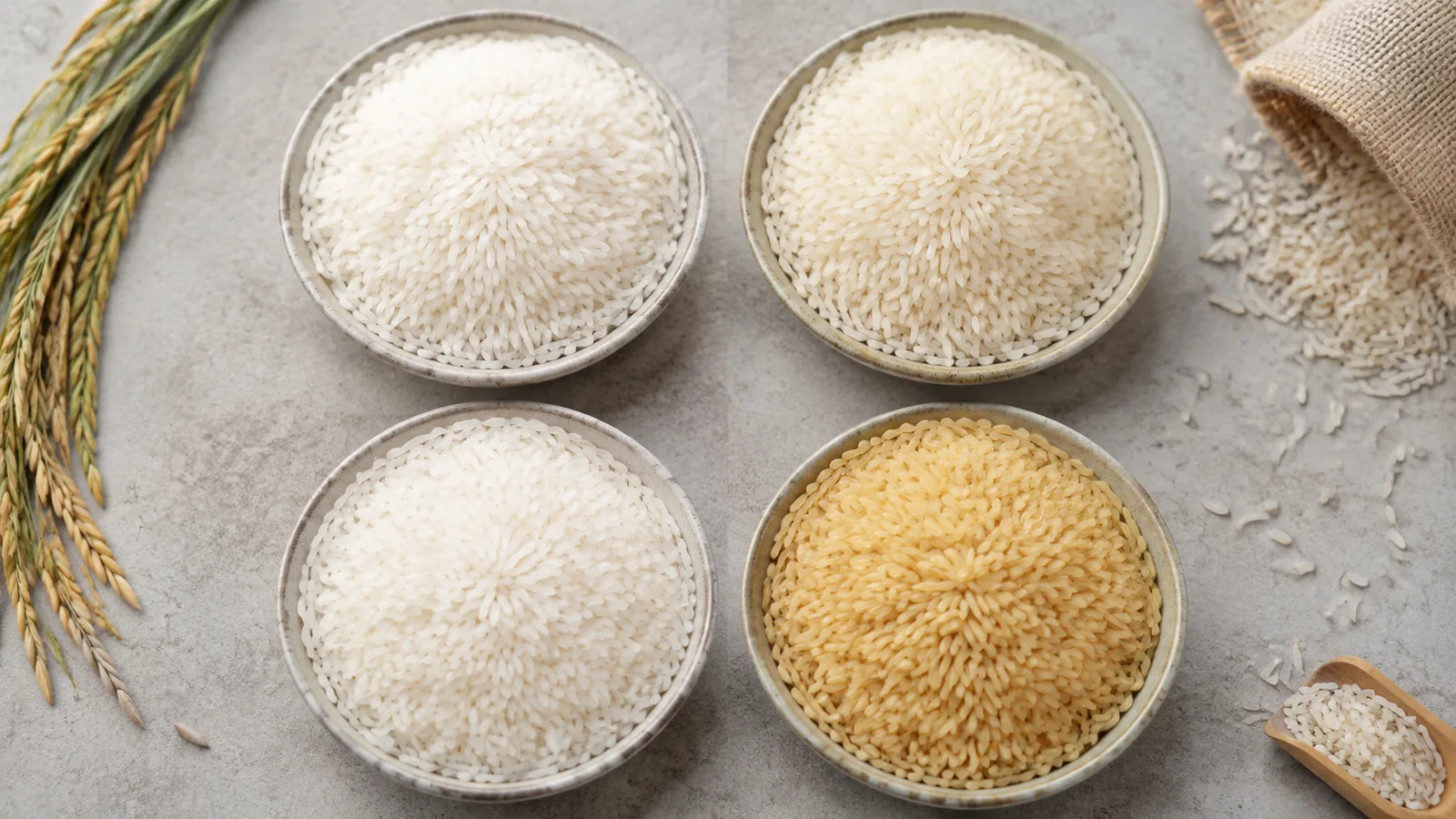 Four rice samples illustrating grain and processing differences