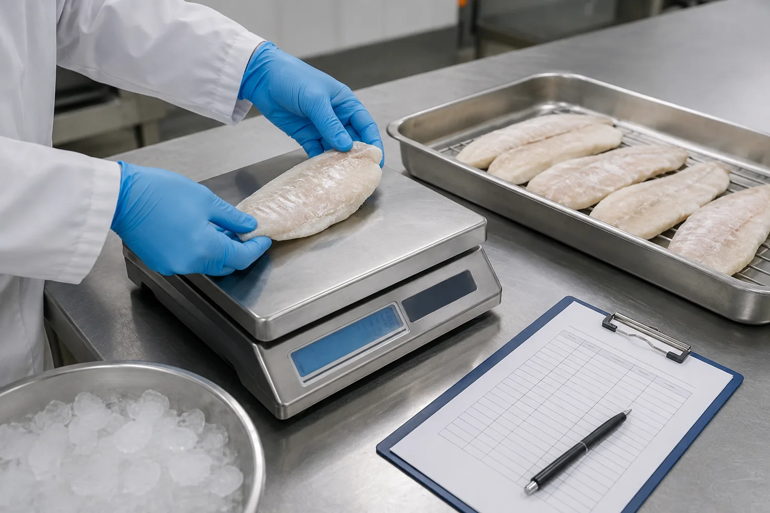 Gloved quality inspector weighing glazed frozen fish fillets
