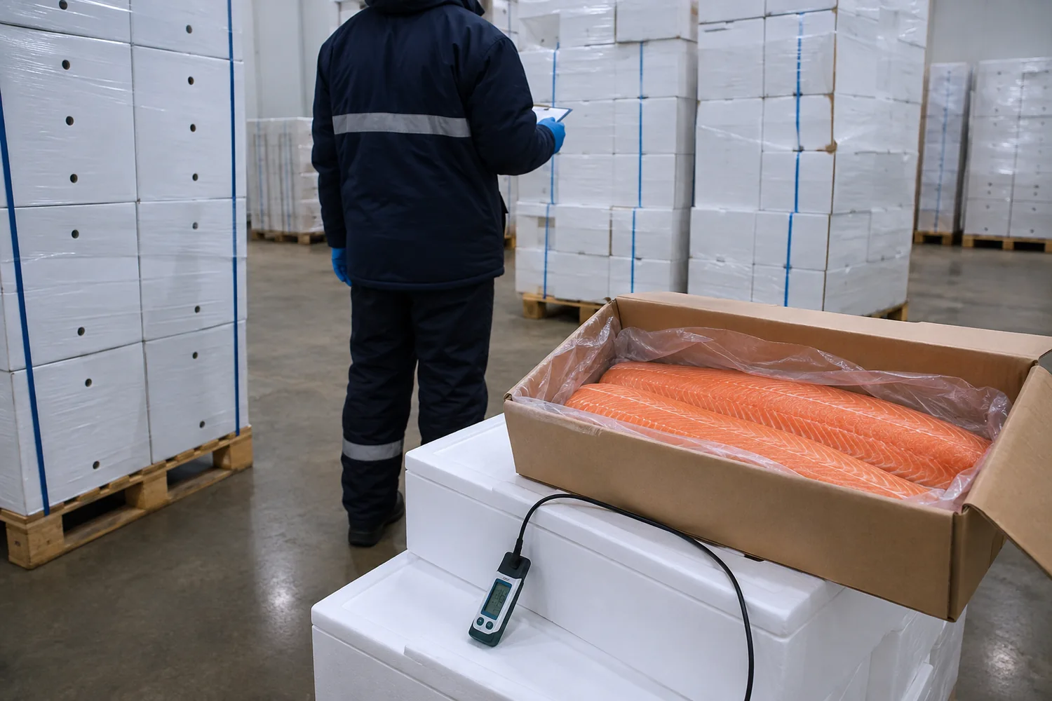 Salmon fillets in unbranded export cartons in refrigerated storage