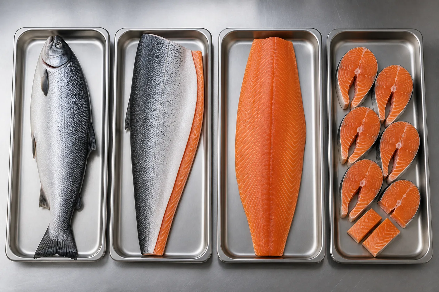 Whole salmon product formats: side fillet, steaks and portions compared on trays