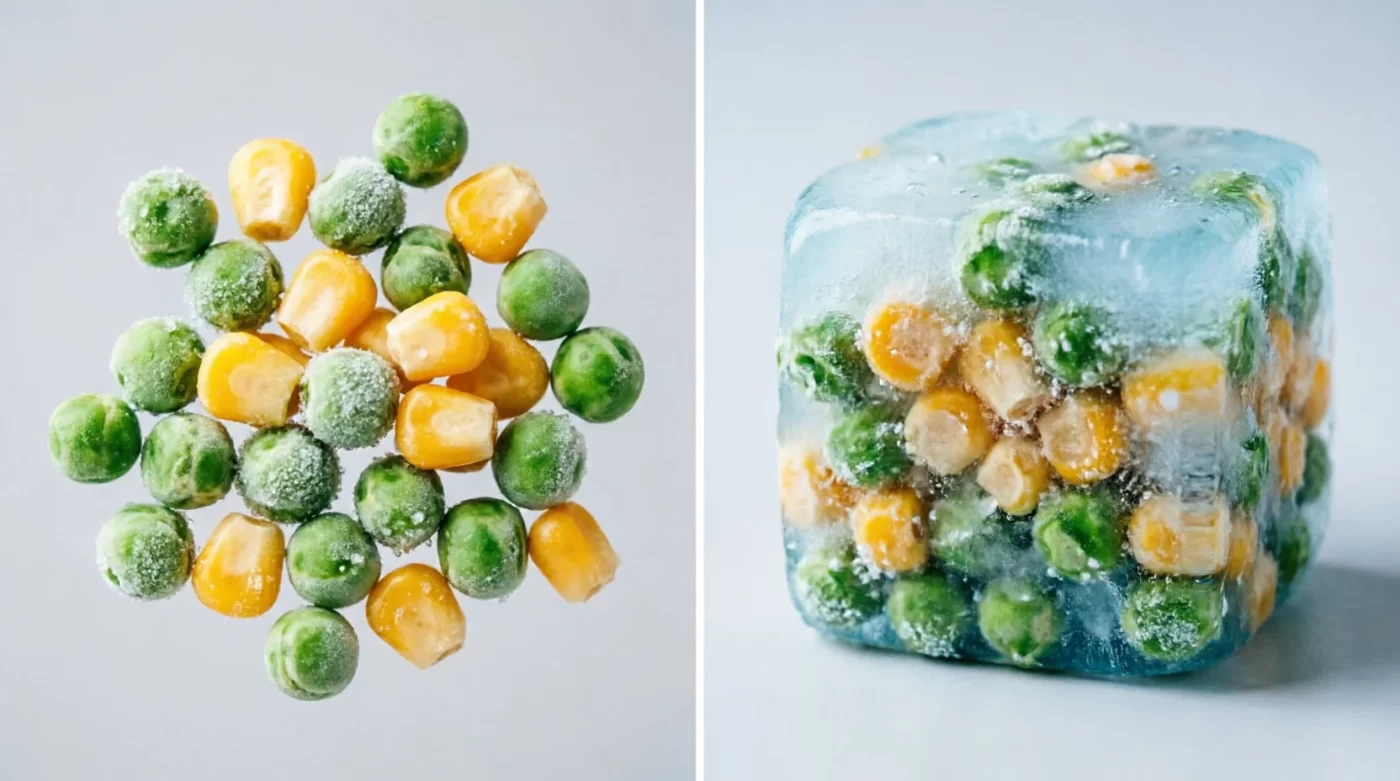 Comparison of loose IQF frozen peas and corn versus a solid block-frozen vegetable mass