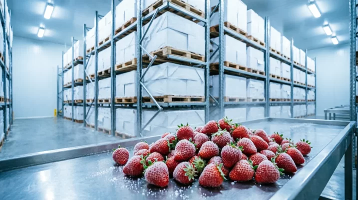 Wholesale frozen fruit: IQF strawberries staged on pallets in a European cold-storage warehouse