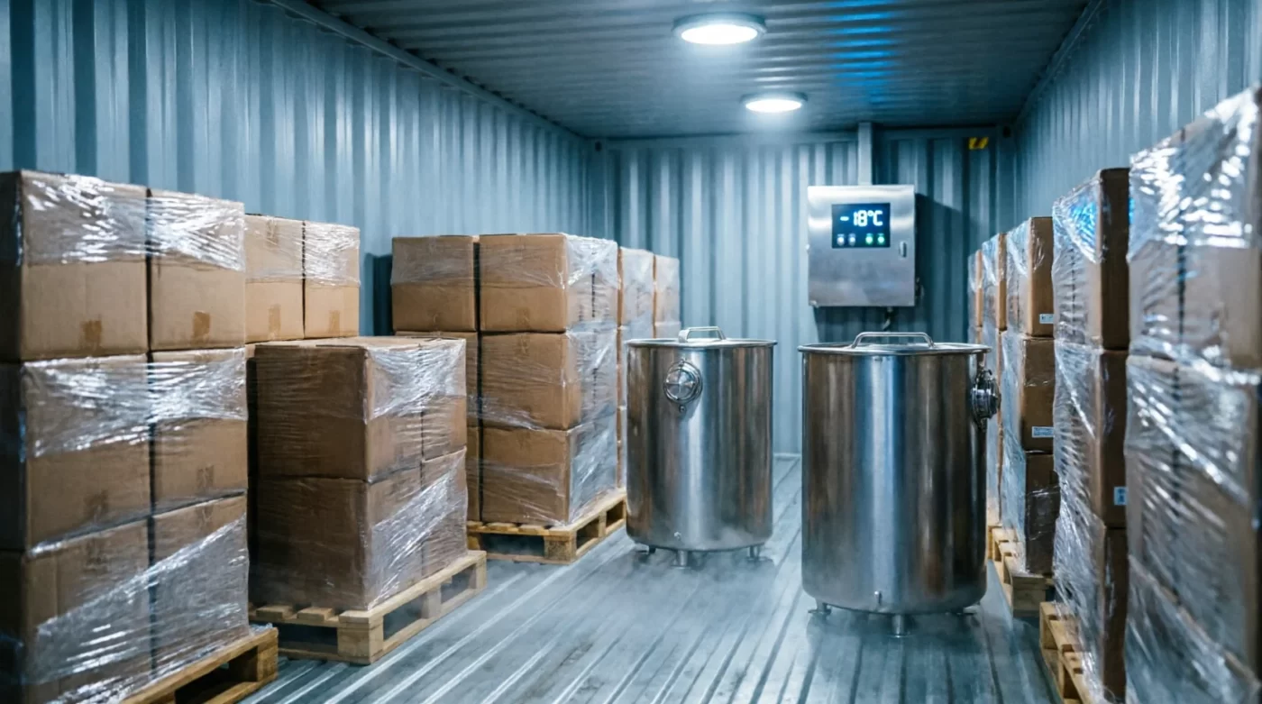 40ft reefer container loaded with cartons and drums of wholesale frozen fruit for FCL export